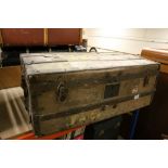 Vintage Canvas covered Cabin trunk with Wood & Metal banding plus various travel labels