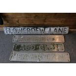 Four Aluminium Street Name Signs -Flowerdew Lane, Maple Drive, Laud Close and Heather Lane