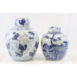 Two large Oriental ceramic blue and white Ginger jars with lids to include one depicting Birds