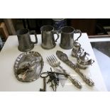 A collection of mixed items to include three pewter tankards, a bag of mixed coins, a pair of