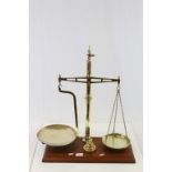 Vintage set of Brass Tobacco or Snuff Scales with wooden stand and Brass weights, maker marked "