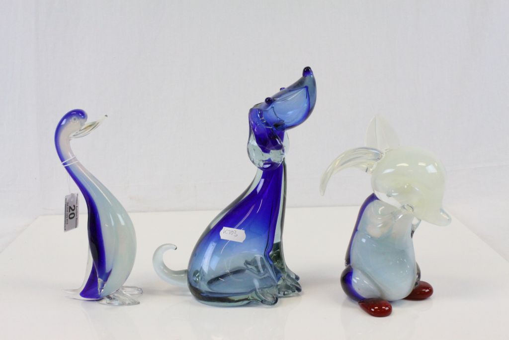 Three Murano style Glass Animals to include a Duck, Dog & Rabbit