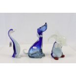 Three Murano style Glass Animals to include a Duck, Dog & Rabbit