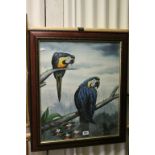 An oil painting study of two Blue Macaws perched on Tree Boughs