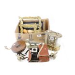 Box of Mixed Collectables including Military Tape Measure, Brass Canons, Clock, Art Nouveau Style