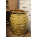 Large vintage Barrel shaped stoneware storage jar with Wooden lid, marked to the side "Bread