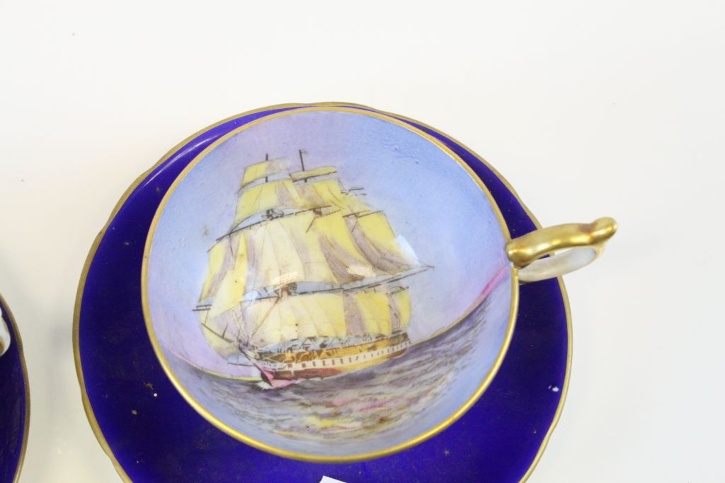 Pair of Aynsley cabinet cups and saucers with hand painted bowls depicting Sailing ships - Image 3 of 8