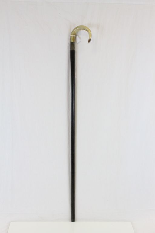Vintage Ebony walking stick with Silver collar and curved Horn handle
