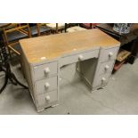 Grey Part Painted Oak Desk with single drawer flanked by two pedestals of three drawers