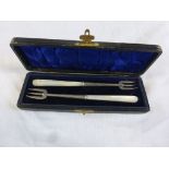 Cased Set of Silver and Mother of Pearl Pickle Forks