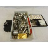 Box of Flatware, Brass Vintage Nut Crackers, Boxed Fish Knives, etc