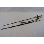 A court sword with decorative handle and hilt. Made by Dewsbury & Son, 35 Newgate St. London.