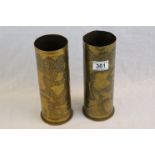 Pair Of WW1 French Decorated Trench Art Shell Case Vases Dated 1917.