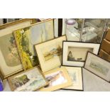 Group of Eight Pictures including Watercolours, Oils and Prints