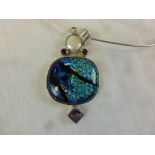 Silver Cushion Shaped Dichroic Pendant Necklace with Amherst and Peral