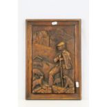 Black Forest Wooden plaque carving in heavy relief of a Shepherd with Flock