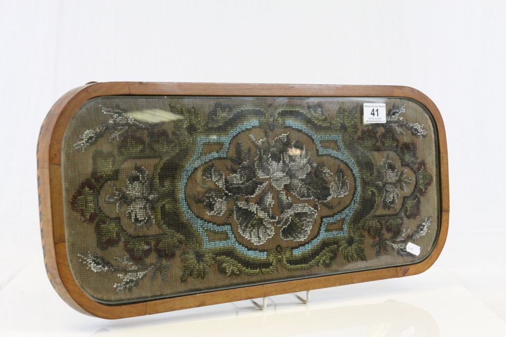 19th Century wooden oval stand with Beadwork decoration and a Glass cover