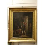 Large 19th century Oil on Canvas depicting a Man with Archery Bow stood next to a Seated Woman by