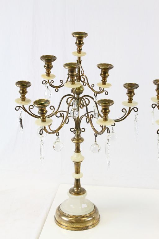 Pair of Alabaster & Brass Candelabras with Glass drops - Image 2 of 8