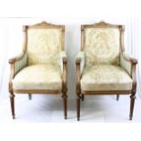 Pair of French Empire Style Armchairs, the Mahogany Frame with Ormolu Mounts and Classical French