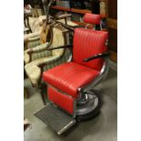 1950's Belmont Barber's Chair, the chair and adjustable headrest with Red Vinyl Upholstery, black