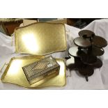 Wooden Inlaid Musical Jewellery Box, Pair Vintage Gilt Serving Trays and Vintage Wooden