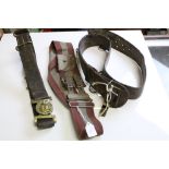 Three Military Belts and Vintage Brass Acme Thunderer Whislte