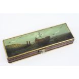 Lacquered Pen Box, the lid with hand painted scene of a Fishing Boat and Gulls