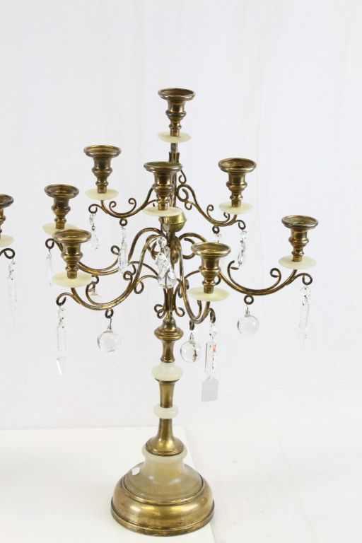 Pair of Alabaster & Brass Candelabras with Glass drops - Image 3 of 8