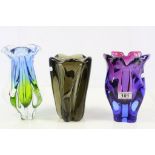 Three Studio Glass vases to include Murano style