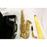 Hard cased Yamaha Saxophone with mouthpiece & cleaning brush etc