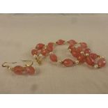 Row of Faceted Rose Quartz Beads with Pearl Spacers and Matching Earrings