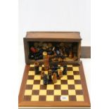 Vintage Boxwood and Ebony Chess Set plus Draughts etc in a Vintage Oak Games Box plus a Contemporary