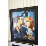 A Framed oil painting portrait of an art Deco couple in a Romantic embrace signed