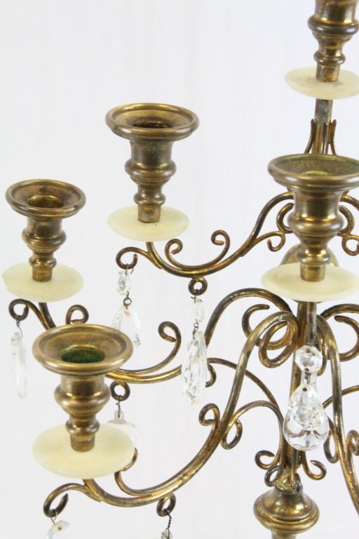 Pair of Alabaster & Brass Candelabras with Glass drops - Image 4 of 8