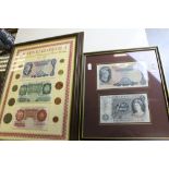 Framed and glazed pre decimal currency of Great Britain 1953-71, notes and coins together with