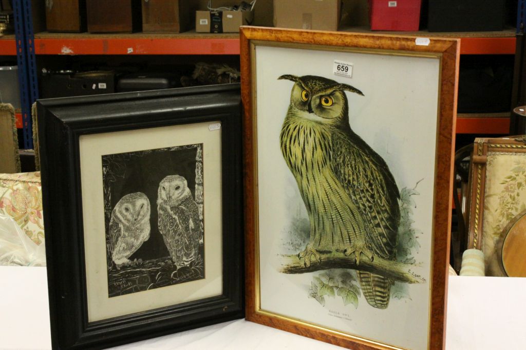 A Maple framed print of an Eagle Owl after Edward Lear together with another of Barn Owls after