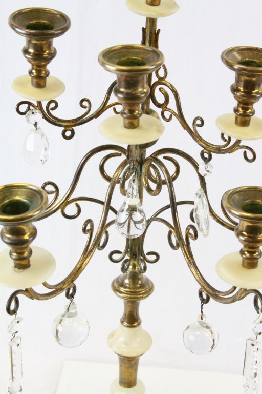 Pair of Alabaster & Brass Candelabras with Glass drops - Image 5 of 8