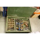 Large painted wooden Tool Chest with metal banding and vintage Tool contents