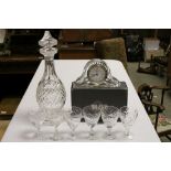 Waterford Crystal decanter, boxed waterford crystal clock & six Sherry glasses