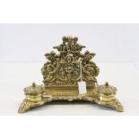 Ornate Brass Inkstand with Cherubs and two Inkwells with Bristol Blue Glass liners