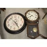 Early 20th Oak Cased Drop Dial Wall Clock and another Clock