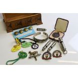 Box of Mixed Collectables including WWI Military Buttonsm Acne Whistle, Enamelled Horse Racing