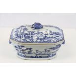 Oriental blue & white ceramic covered Dish with Animal Masque handles and a Deer in Landscape