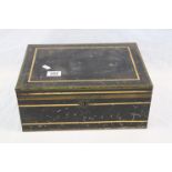 Campaign Writing Box with original inkwells, black with gold highlights. Reputed to have been used