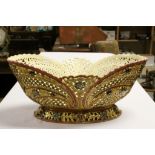 Large Continental ceramic Centre Bowl with pierced decoration & Gilt detailing