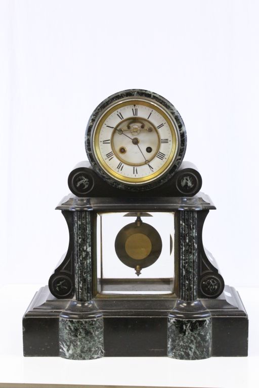 Large Slate & Marble mantle Clock with "medaille de bronze" movement and original Pendulum