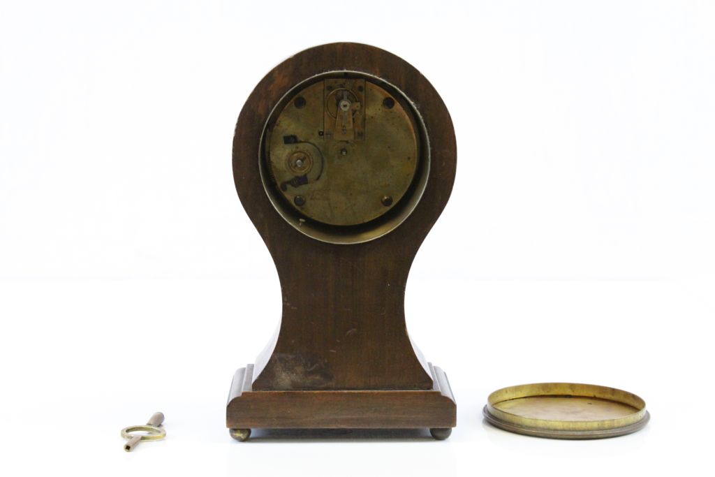 Balloon type Wooden cased mantle Clock with stringing, the movement having a Lion makers mark and - Image 2 of 3