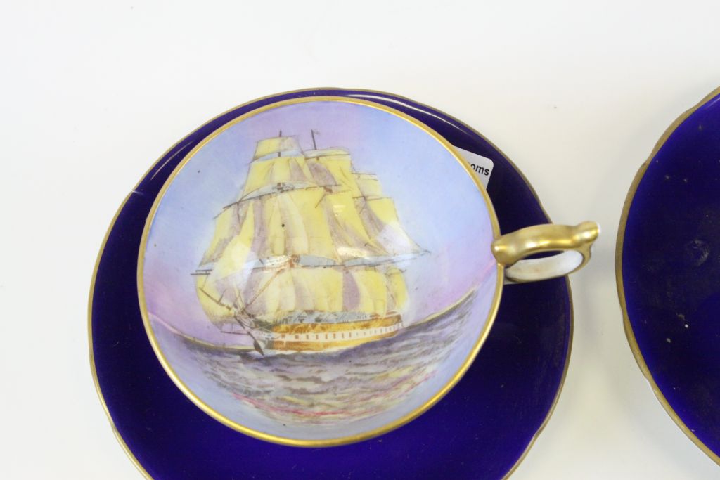 Pair of Aynsley cabinet cups and saucers with hand painted bowls depicting Sailing ships - Image 2 of 8