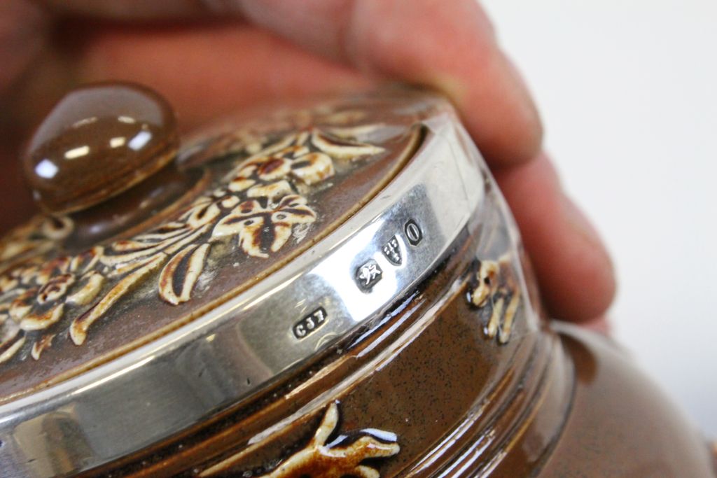 Doulton Lambeth Tobacco Jar with Silver Collar, Chester 1897, 12cm high (two small chips) plus - Image 4 of 4